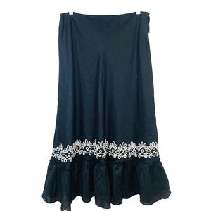 Carole Little Linen Ruffle Maxi Skirt 12 Gray  Embroidery  Boho Goth Work Travel